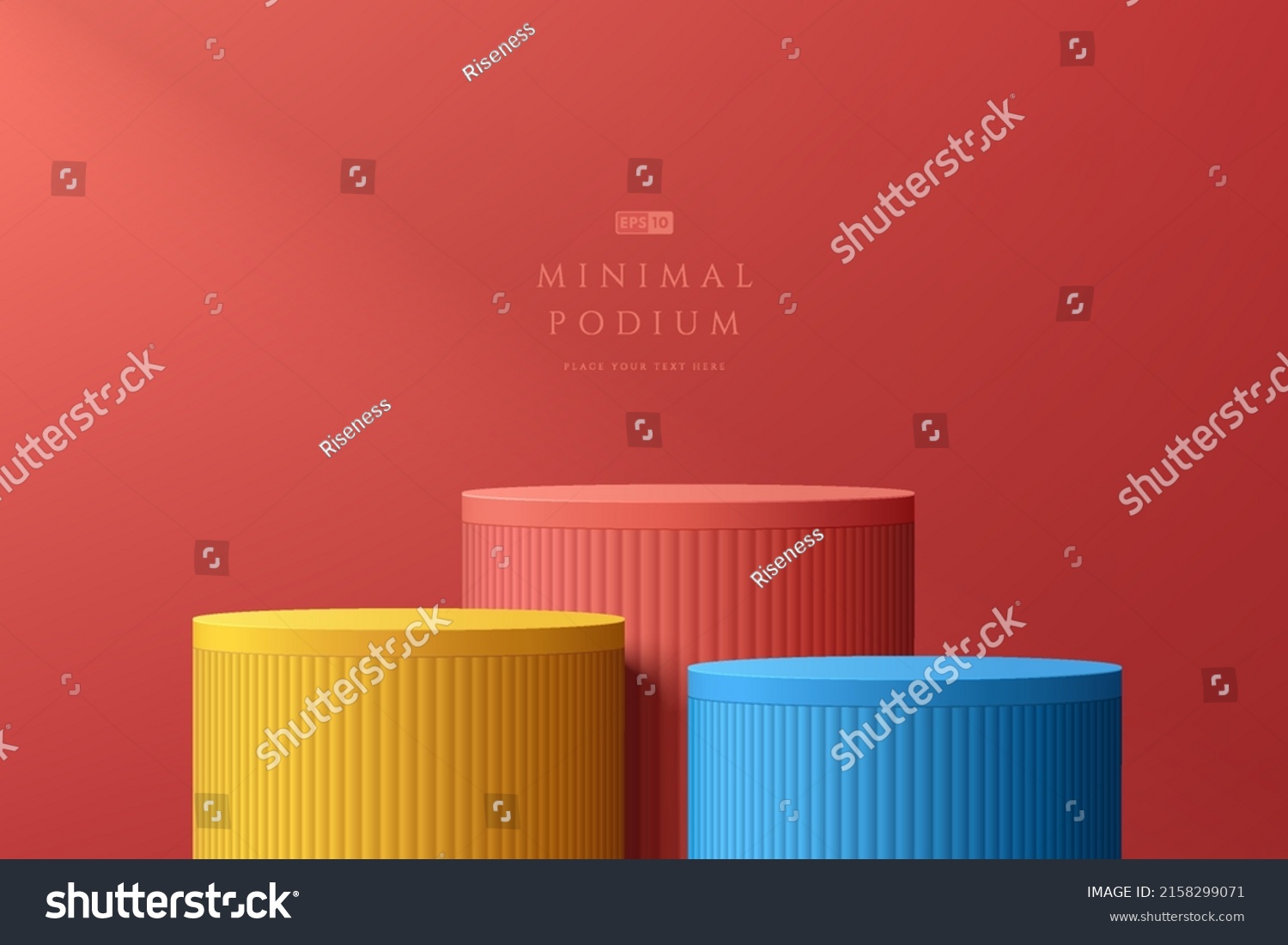 Abstract 3D room with set of steps realistic red  yellow and blue color cylinder stand podium. Minimal wall scene for mockup product display. Vector geometric forms. Stage for showcase. Vector EPS10