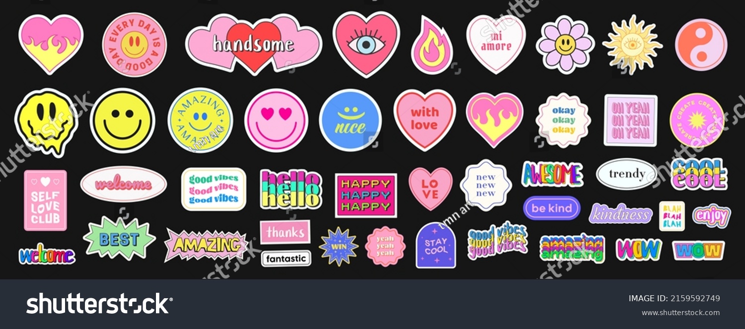 Pop Art Sticker Pack. Collections Of Cute Emoji Smile Badges. Set Of Cool Trendy Patches.