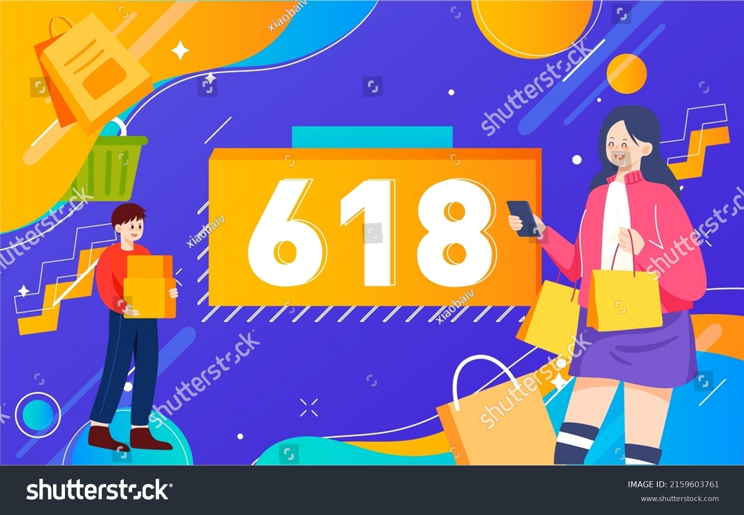 Girl is shopping with shopping bags  memphis background  vector illustration