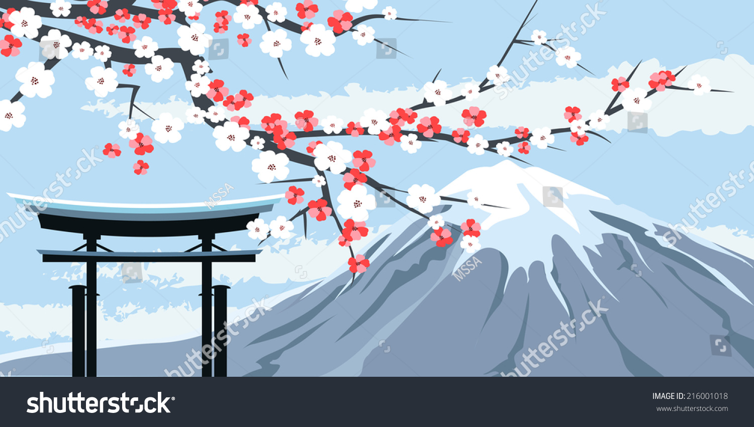 Graphic Illustration of Mount Fuji with Cherry Blossoms and Traditional Gate in Foreground