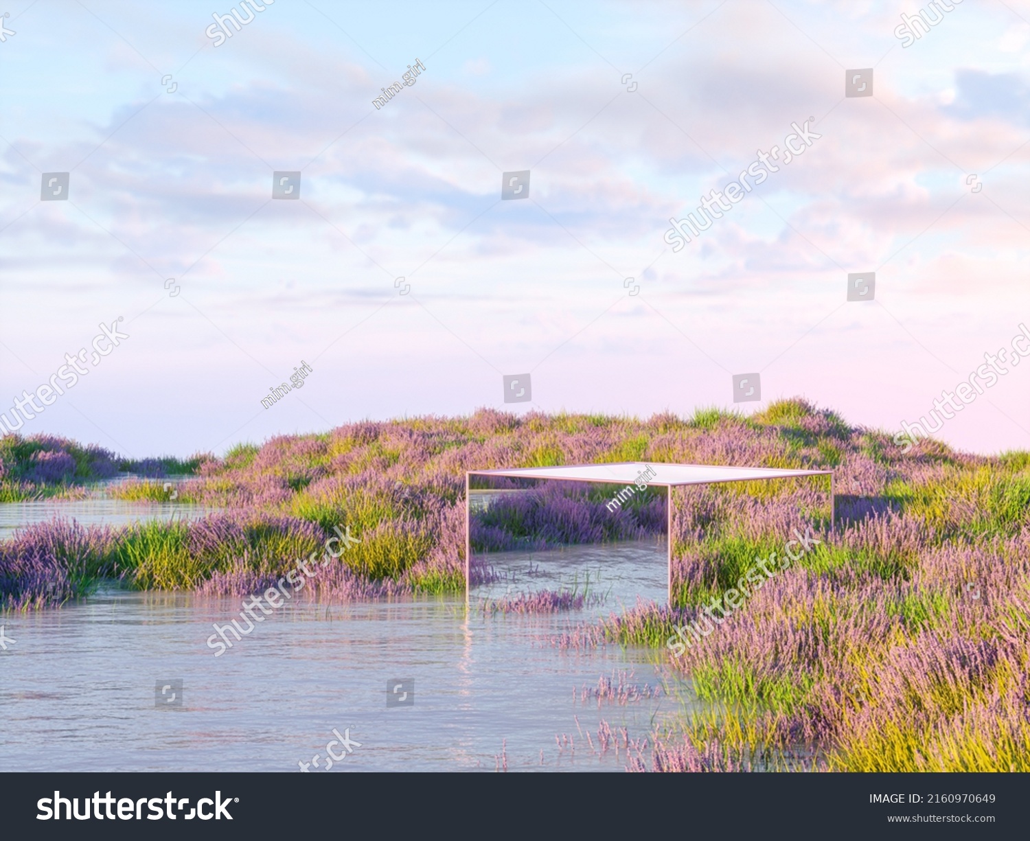 Natural beauty podium backdrop with lavender field. 3d rendering. 
