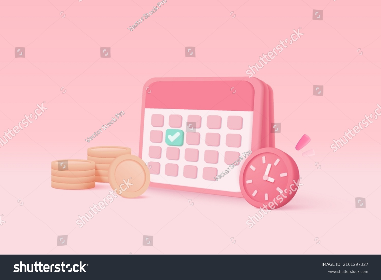 3d alarm clock with investing money to grow in time concept. Business investments earnings and financial savings  fast money  notification for quick loan. 3d calendar vector rendering illustration