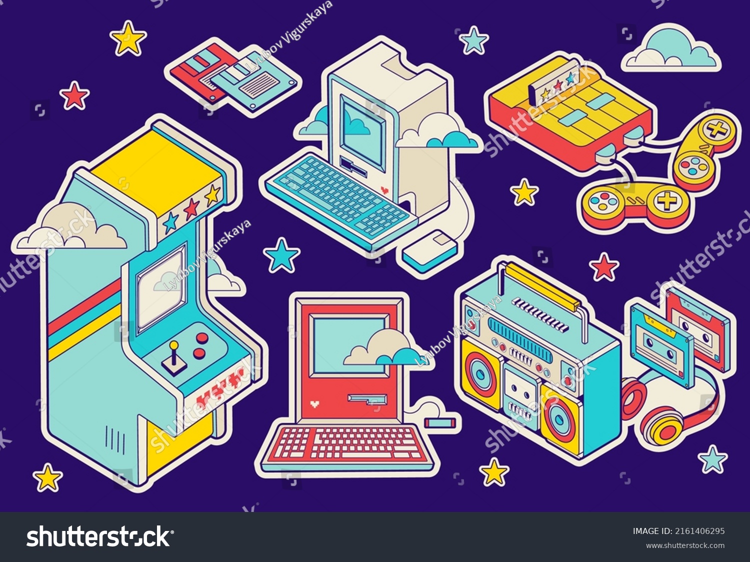 Nostalgia old technology stickers. Fun retro cartoon groovy items. Isolated Patches  badges with Isometric icons. 90s retrowave style.