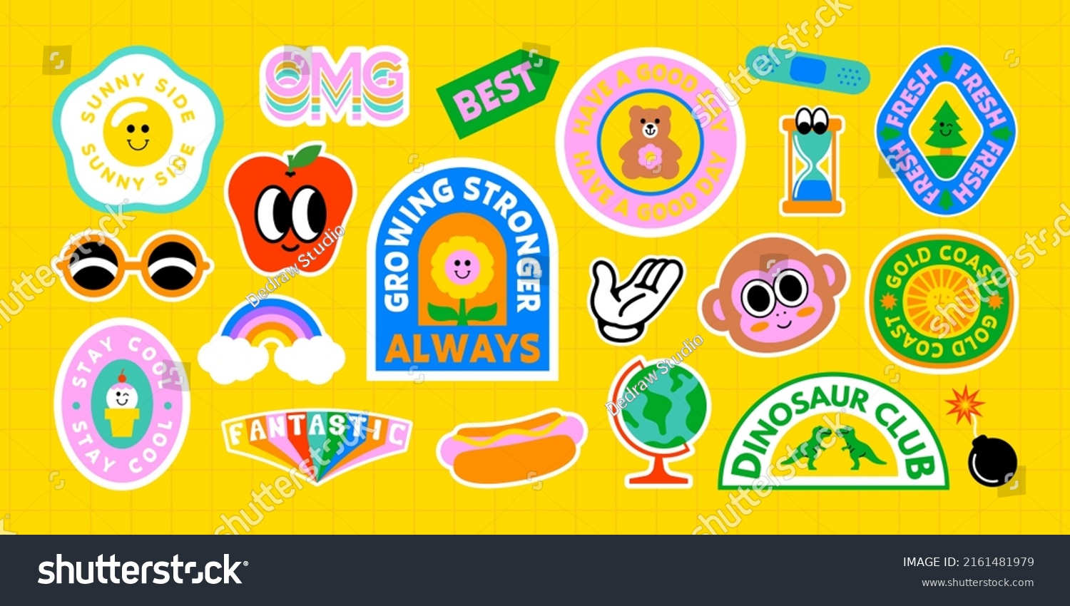 Colorful retro cartoon label shape set. Collection of trendy vintage sticker shapes. Funny comic character art and quote sign patch bundle. Cute children icon  fun happy illustrations.
