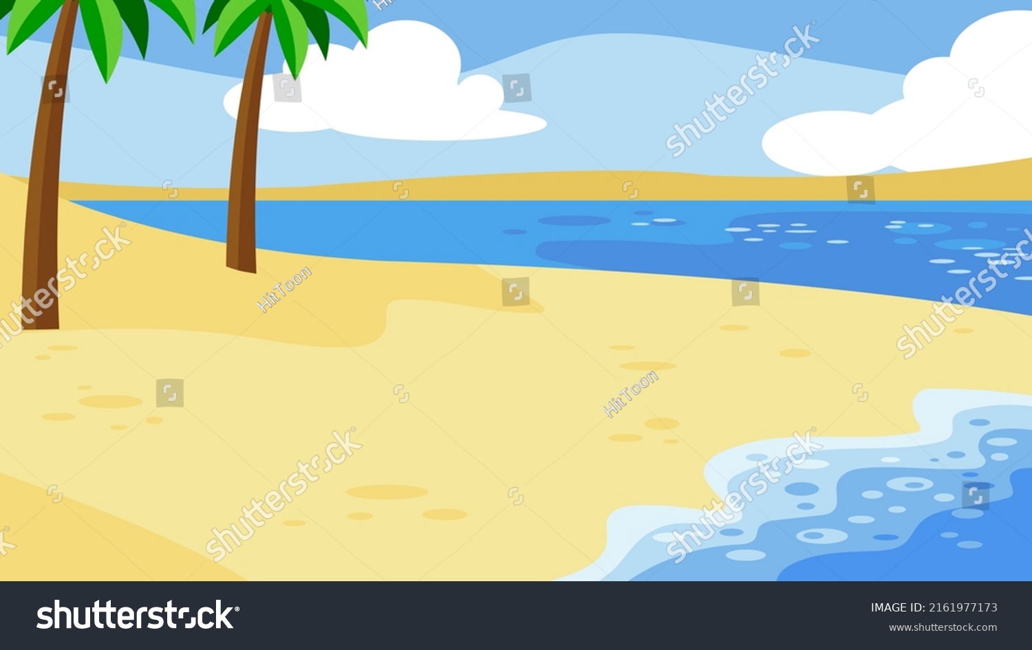 Cartoon Beach Background With Palms Tree. Vector Hand Drawn Flat ...