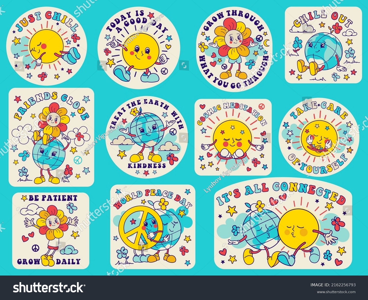 Groovy 70's stickers  badges  isolated elements. Groovy characters: sun  Earth  daisy flower and slogans. Save green planet pacifist-hippy concept