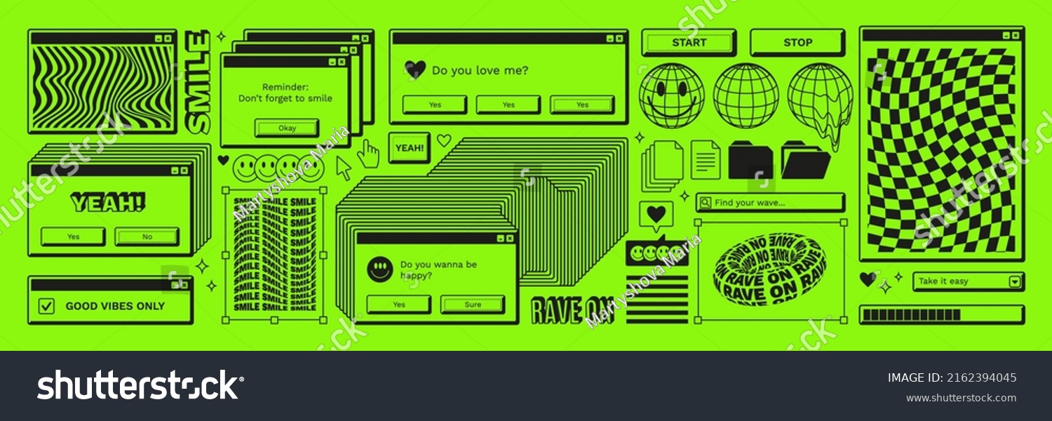 Old computer aestethic. Retro pc elements  user interface  operating system  windows  icons  smile in trendy y2k rave retro style. Sticker pack of retro pc illustrations. Nostalgia for 1990s -2000s.
