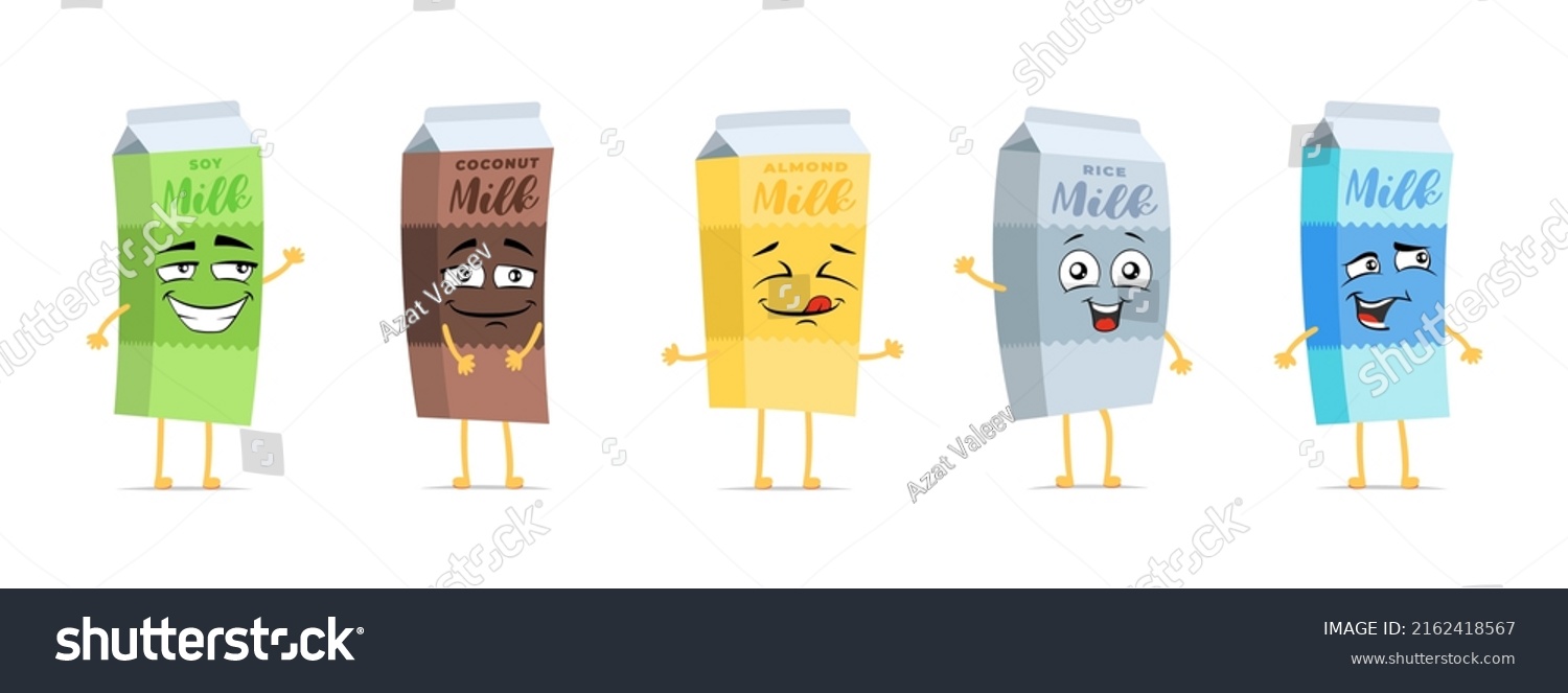 Milk cardboard box funny smiling cartoon character set. Dairy drink cute happy face expression mascot collection. Different milky beverage paper packages joyful comic emoticons vector eps illustration