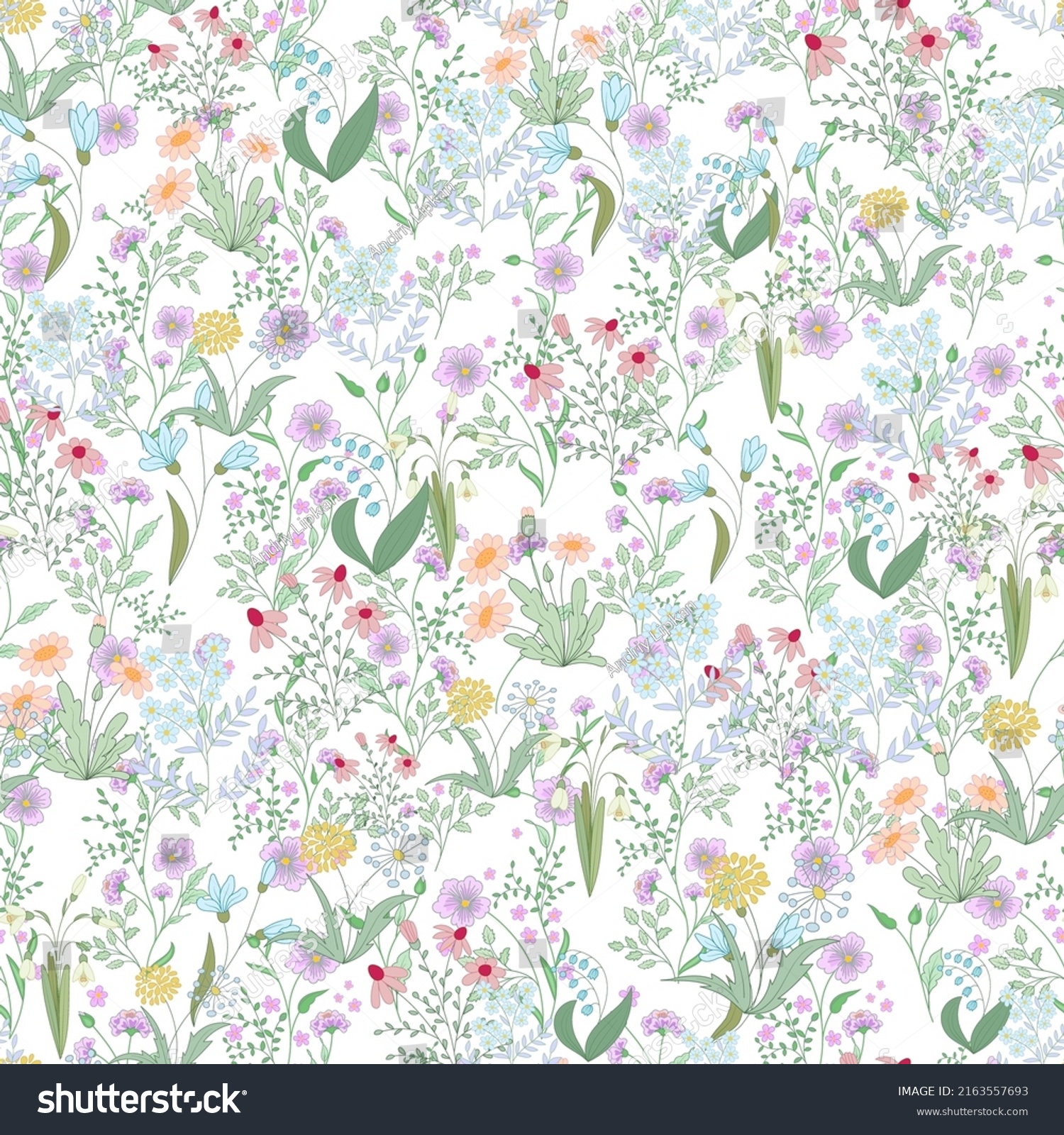 Blooming midsummer meadow seamless pattern. Plant background for