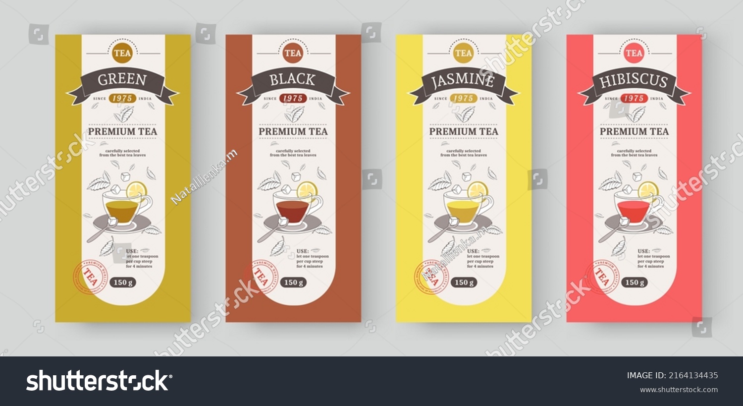 Label tea branding. Drink packaging stickers design. Food background banner for modern product with organic leaves and flowers. Hot beverage cup silhouette. Vector package tags pattern