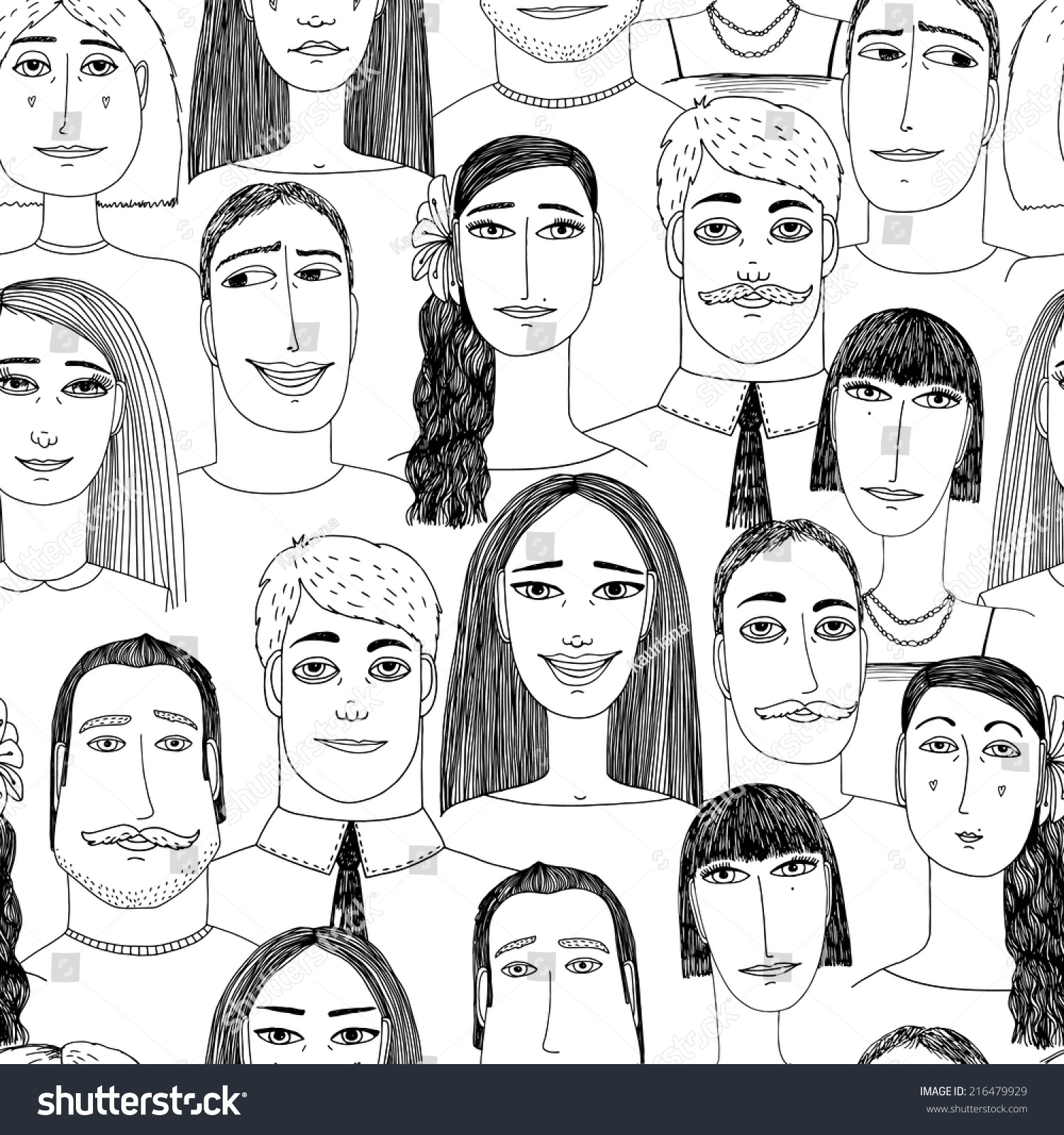 Cartoon faces crowd doodle hand-drawn seamless pattern