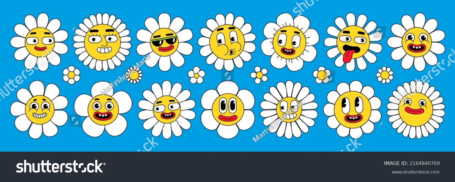 Groovy flower cartoon characters. Funny happy daisy with eyes and smile. Sticker pack in trendy retro cartoon style. Isolated vector illustration. Hippie 60s  70s style. Flower power.