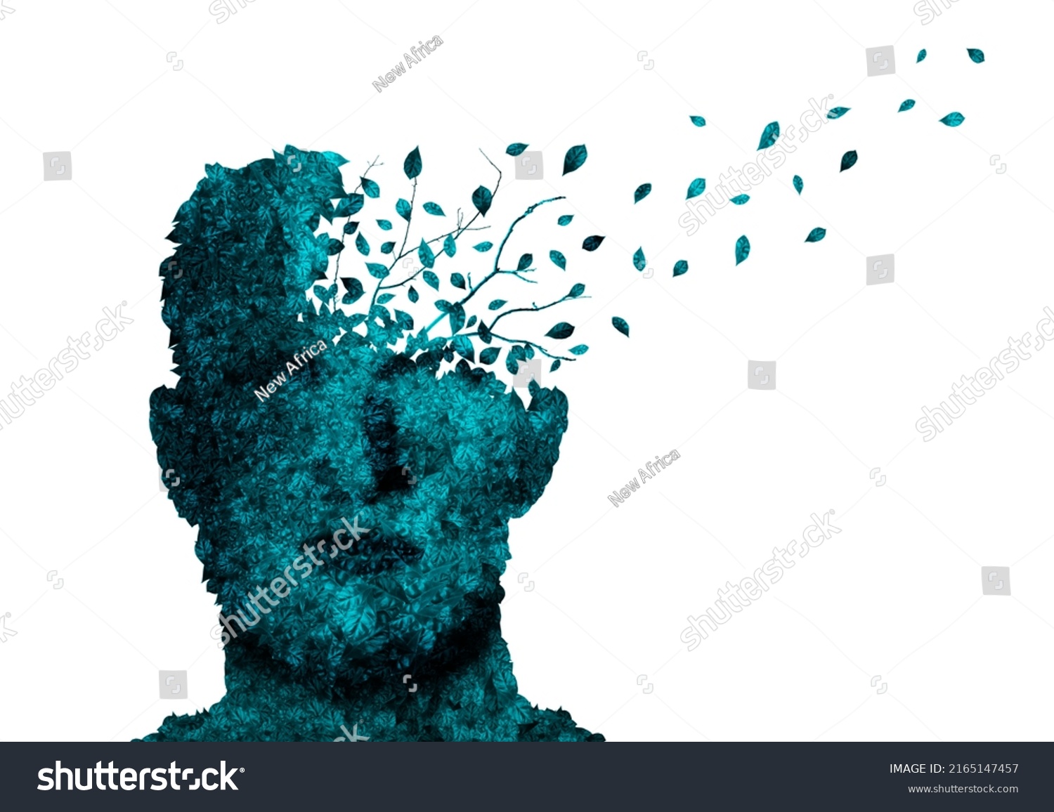 Dementia concept. Illustration of blue head shaped plant losing leaves on white background