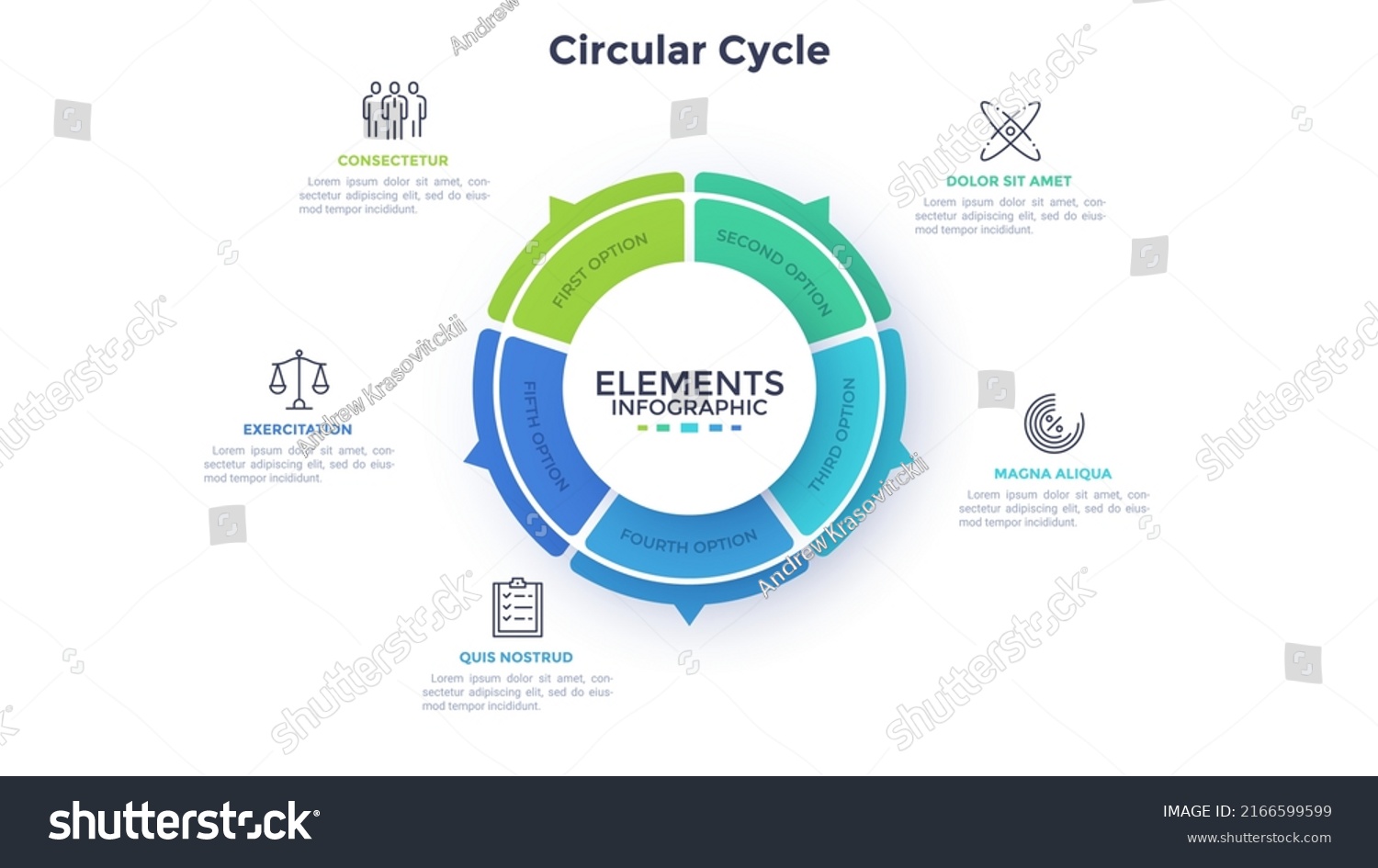 Ring-like pie diagram divided into five sectors with pointers. Concept ...