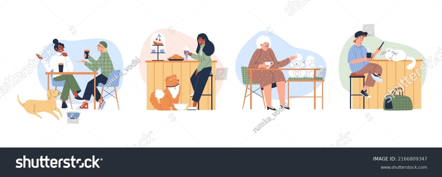 Pets in a cafe or restaurant  a set of flat illustrations on a white background. A dog and a cat together with friendly people in the same cafe. A person drinks tea  coffee with a pet in a cafe