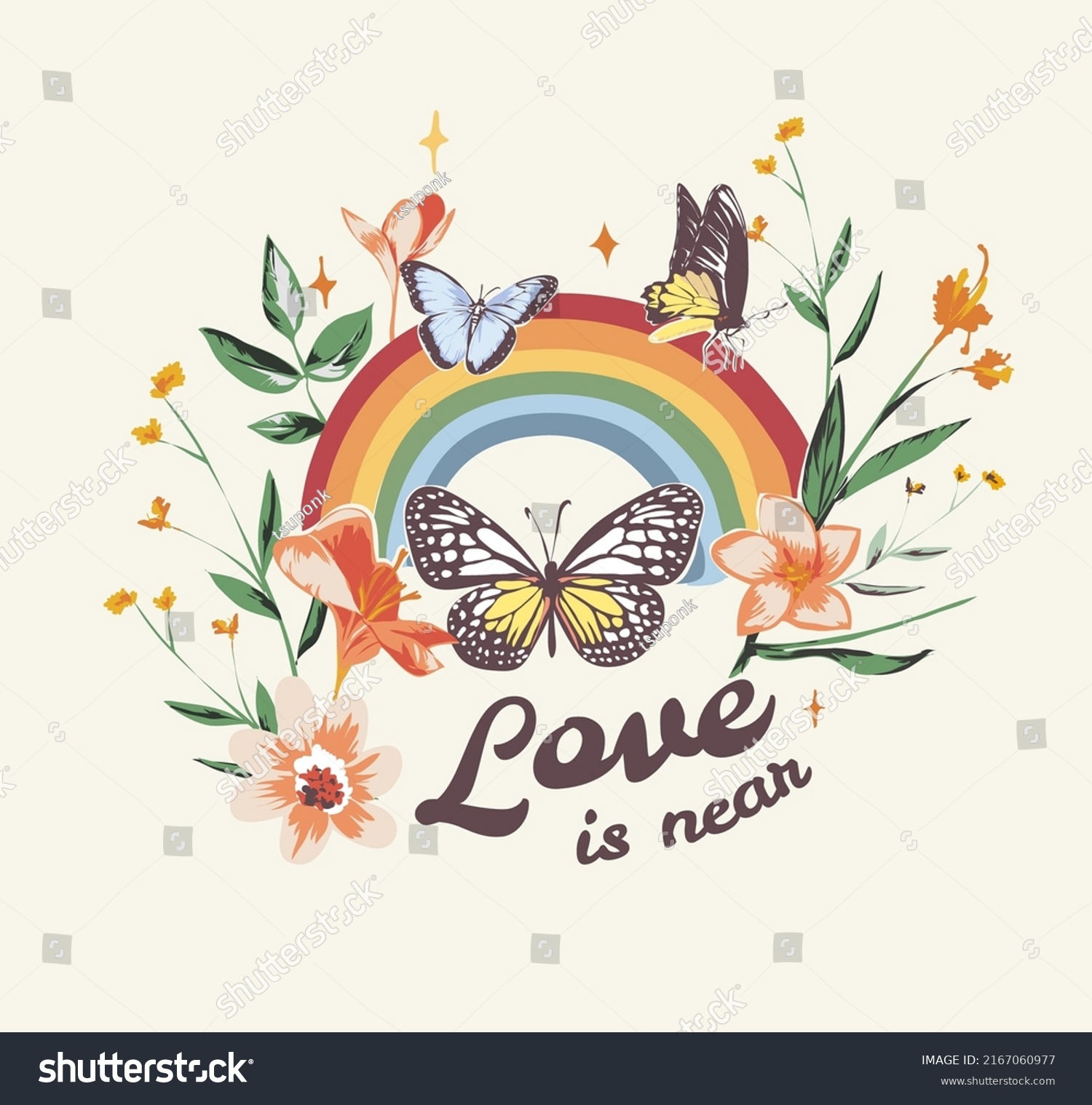 love is near slogan with butterflies and flowers on rainbow background vector illustration