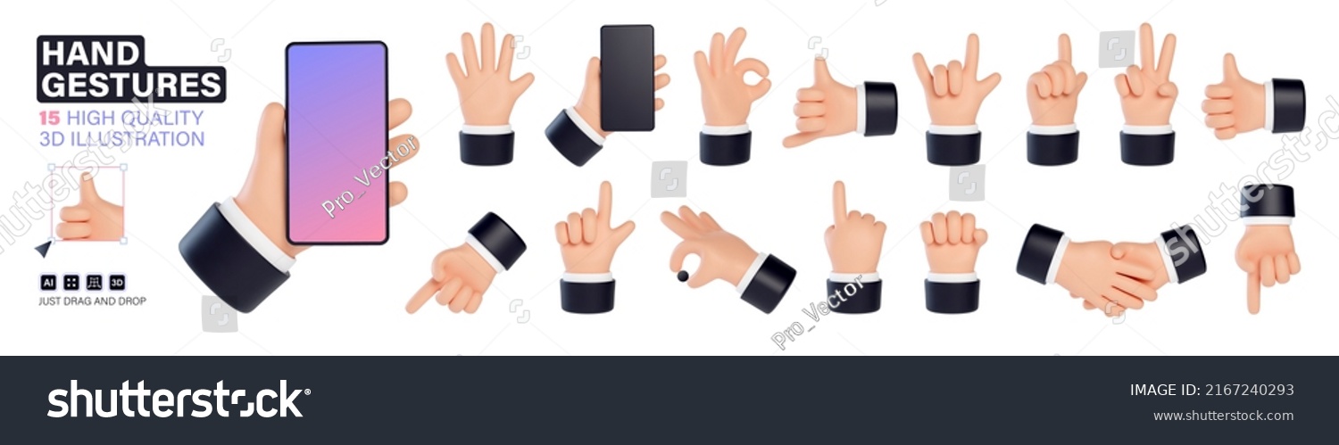 15 High quality 3D business hands gestures. Mega set with hands showing different gestures. Friendly funny cartoon style isolated on white background.