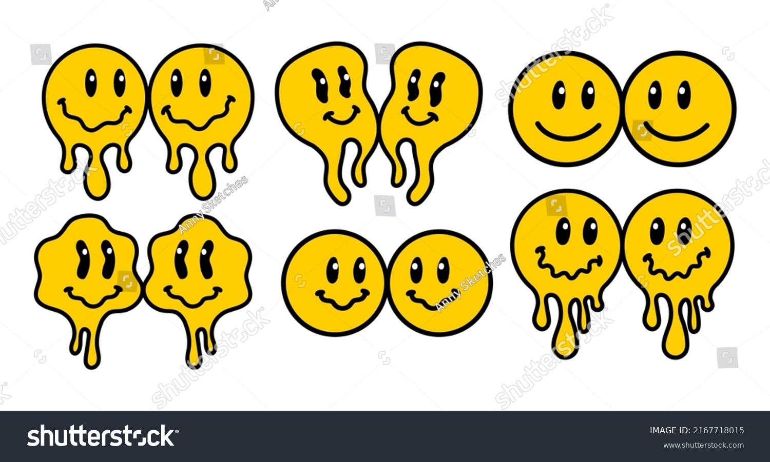 Melting smile vintage illustration set. Retro psychedelic melt emoji face collection. Dripping smile print. Good mood. Vector groovy positive emoji sticker. 