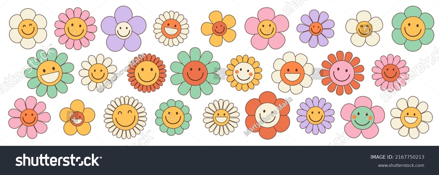 Groovy flower cartoon characters. Funny happy daisy with eyes and smile. Sticker pack in trendy retro trippy style. Isolated vector illustration. Hippie 60s  70s style.