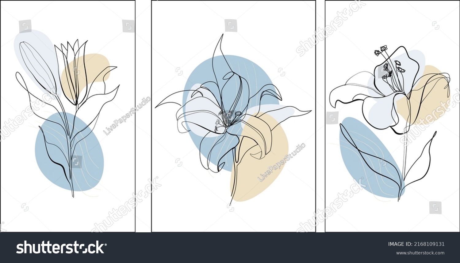 Lilies flowers vector line art color set. Abstract shape floral hand drawing outline lily. Minimalistic modern set of lily one line art black and white. Lily flower graphic sketch illustration poster 