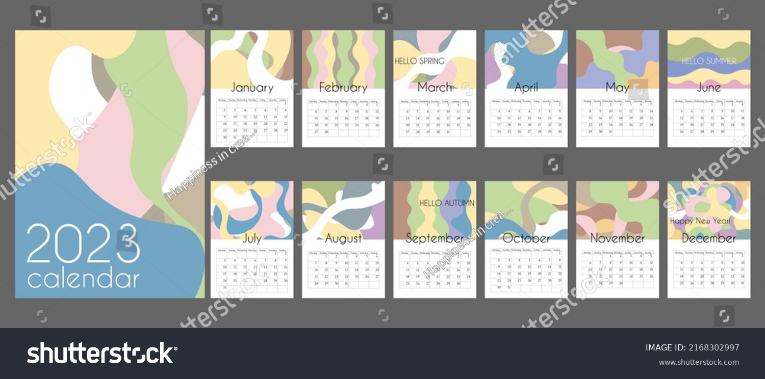 Abstract calendar 2023 with trendy muted colors spots. Cover and 12 monthly pages isolated on grey background. With place for notes. Week starts on Monday  A3 A2 A6  A4 formats. Vertical calendar.