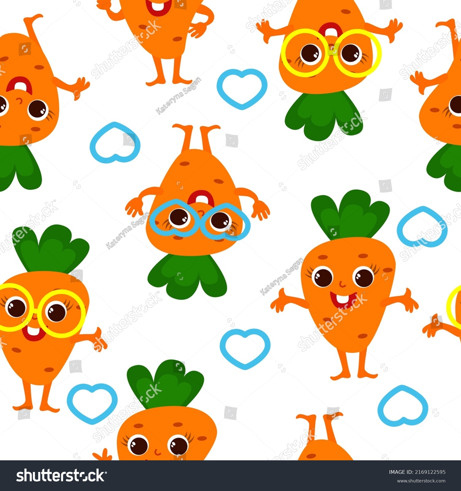Seamless pattern funny and cute carrot in cartoon style on a white background. Pattern for children  textile  packaging  children's design. The character has arms and a face  he is happy and smiling.