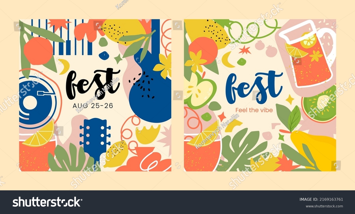 Editable Templates of the summer festival in warm colors with fruit  citrus  musical instruments  lemonade and various forms. Great for music  summer  women's and food festivals. Vector Illustration