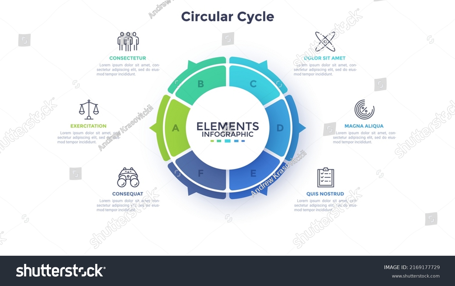 Ring-like pie diagram divided into six sectors with pointers. Concept ...