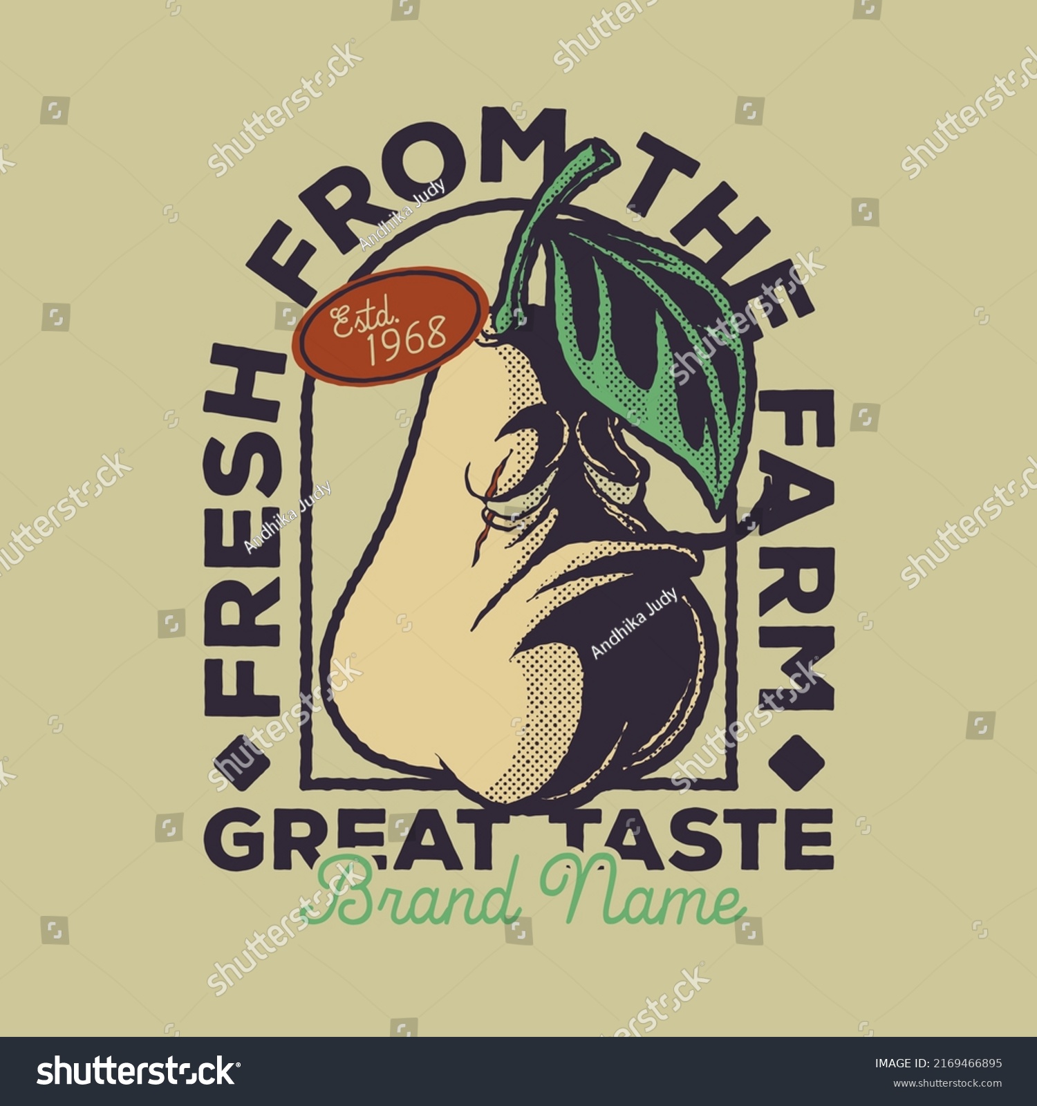 Cartoon emblem of fierce faced pear fruit with retro style