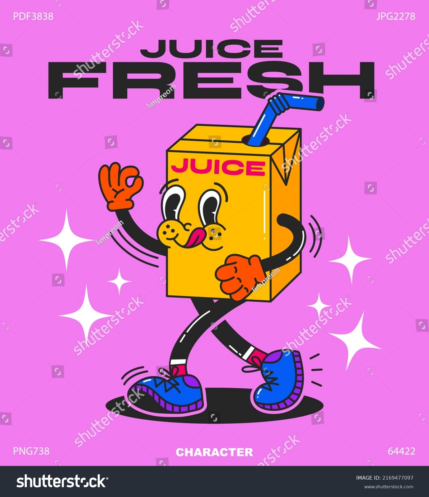 Cartoon character juice. Drink in retro style  funny bright doodle style character in a cardboard package with a straw.Vector illustration with typography elements