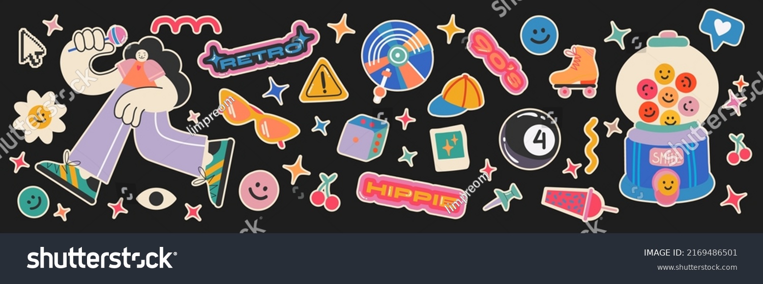 Stickers hippie retro elements of psychedelic acid. with emo characters  retro girls. Funky vinyl records  rollers  slot machine with prizes  vintage set of hippie groovy style vector elements.