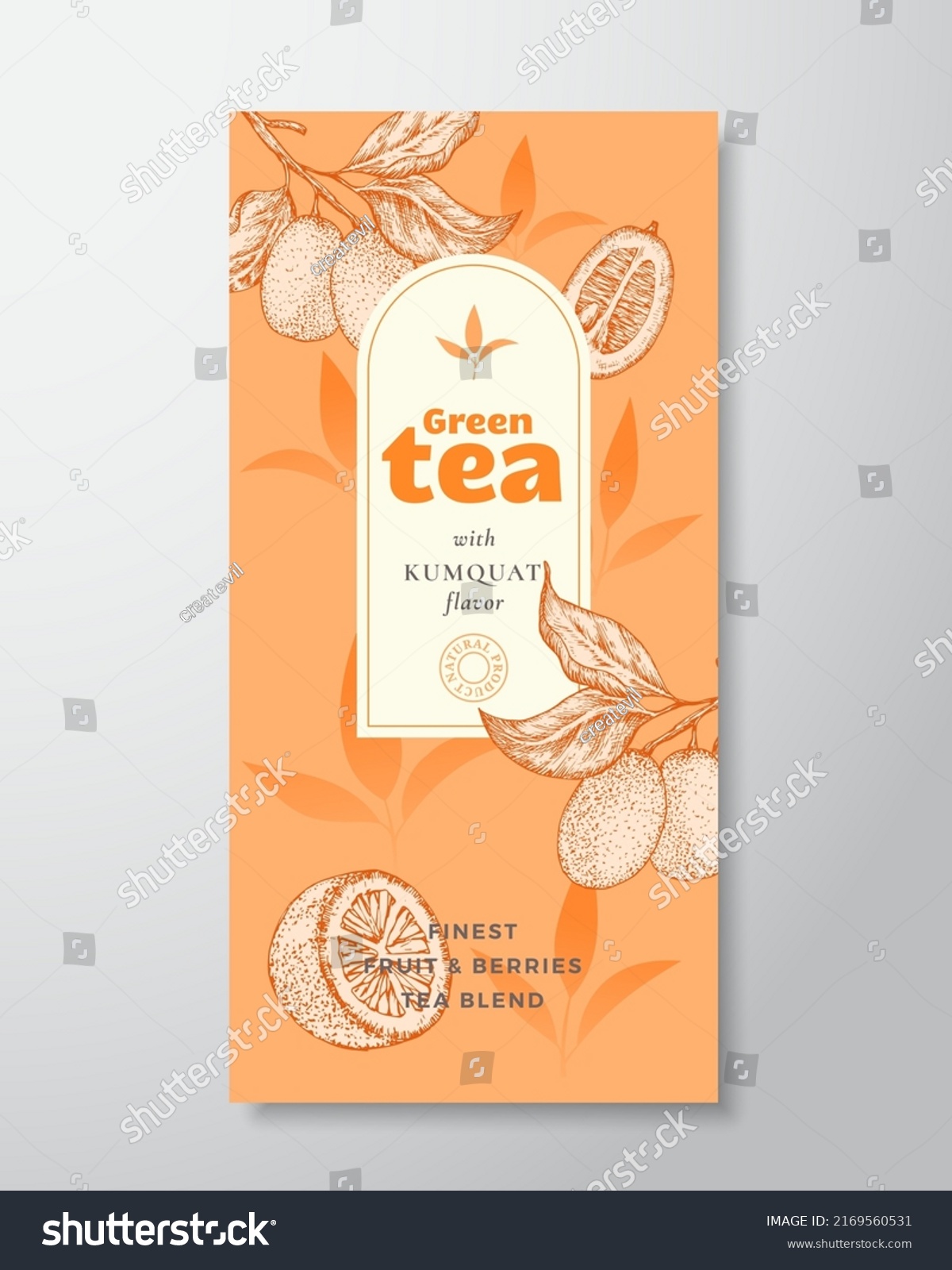 Fruit and Berries Tea Label Template. Abstract Vector Packaging Design Layout with Realistic Shadows. Hand Drawn Kumquat Fruit and Tea Leaves Decor Silhouettes Background. Isolated