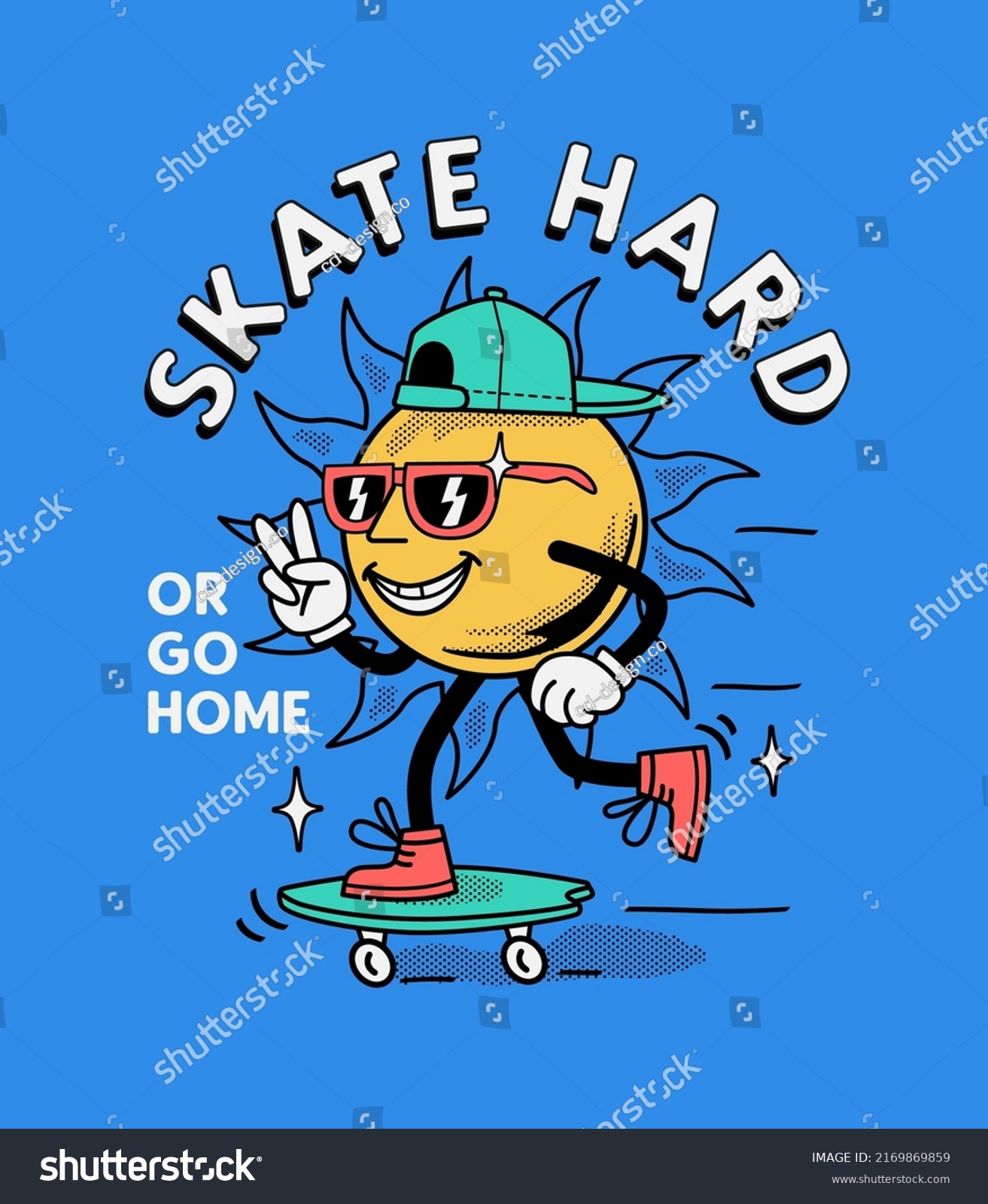 A cartoon sun character skateboarding. Vector design for t-shirt prints  posters and other uses.