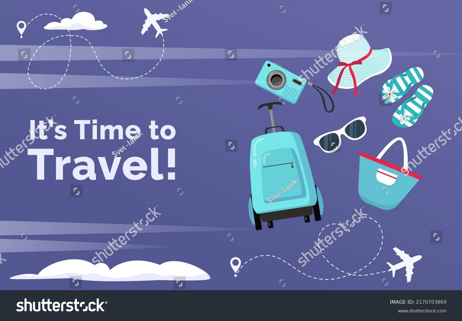 Time to travel vector design. Time to travel text in empty space with traveling elements like luggage  bags  woman hats  camera and sunglasses in violet background. Vector illustration.