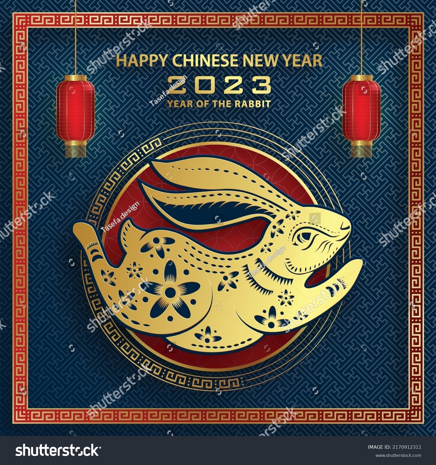 Happy Chinese New Year 2023 Rabbit Zodiac sign  with gold paper cut art and craft style on color background for greeting card  flyers  poster (Chinese Translation: happy New Year 2023  year of Rabbit)
