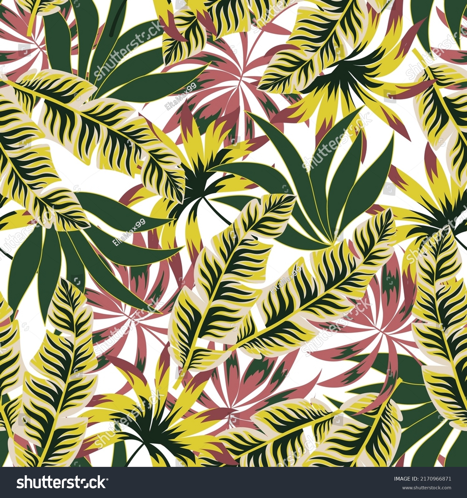 Abstract seamless tropical pattern with bright plants and leaves on a delicate background. Jungle leaf seamless vector floral pattern background.