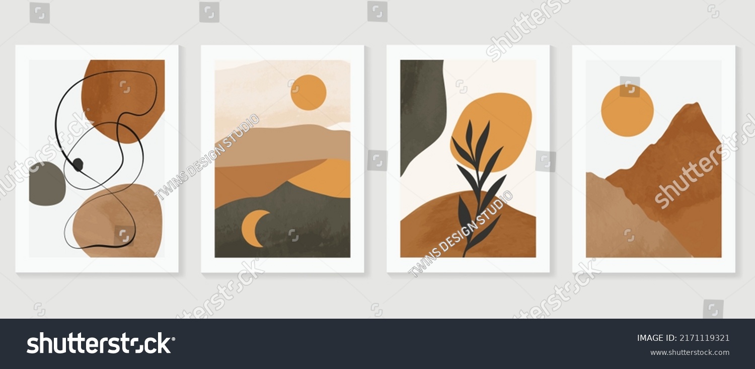 Set of abstract foliage wall art vector. Leaves organic shapes earth tone colors leaf branch in