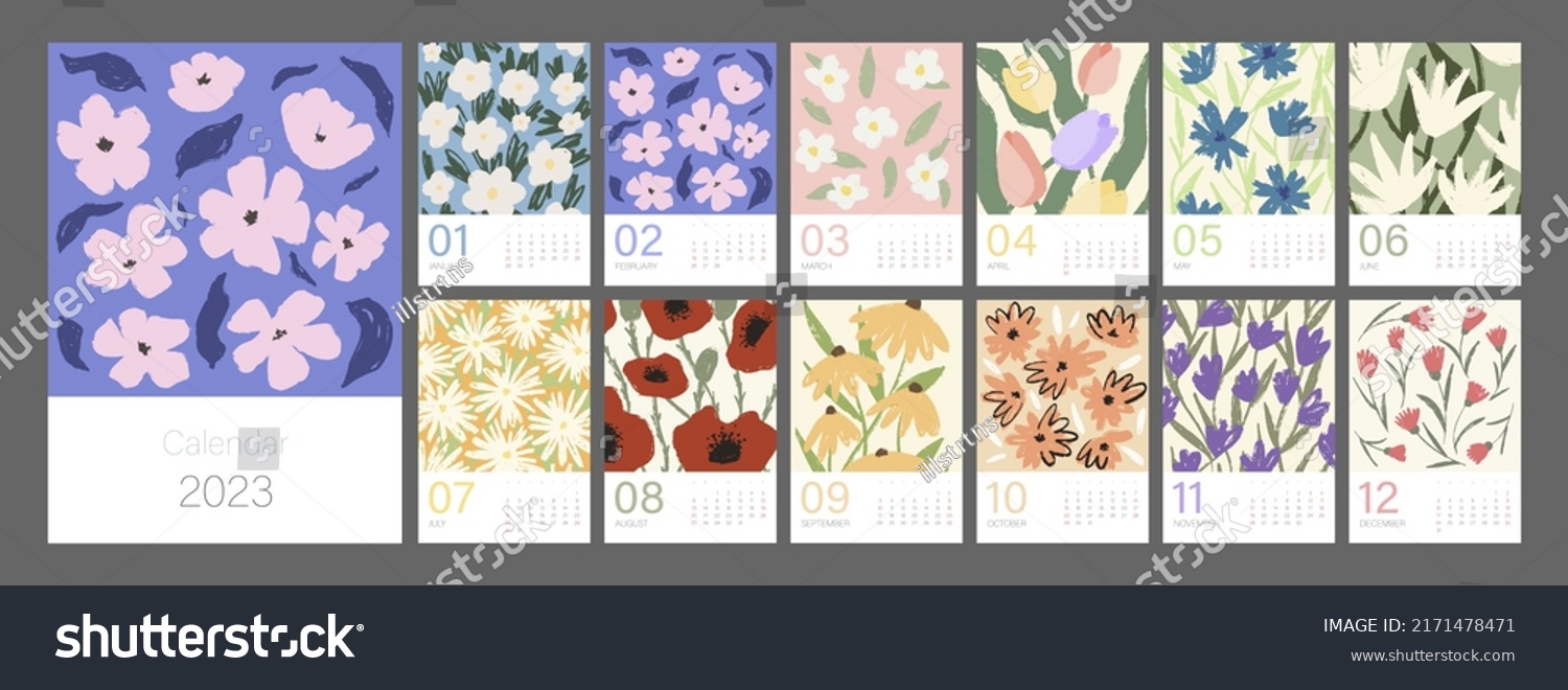 Floral calendar template for 2023. Vertical design with bright colorful flowers and leaves. Editable illustration page template A4  A3  set of 12 months with cover. Vector mesh. Week starts on Sunday.