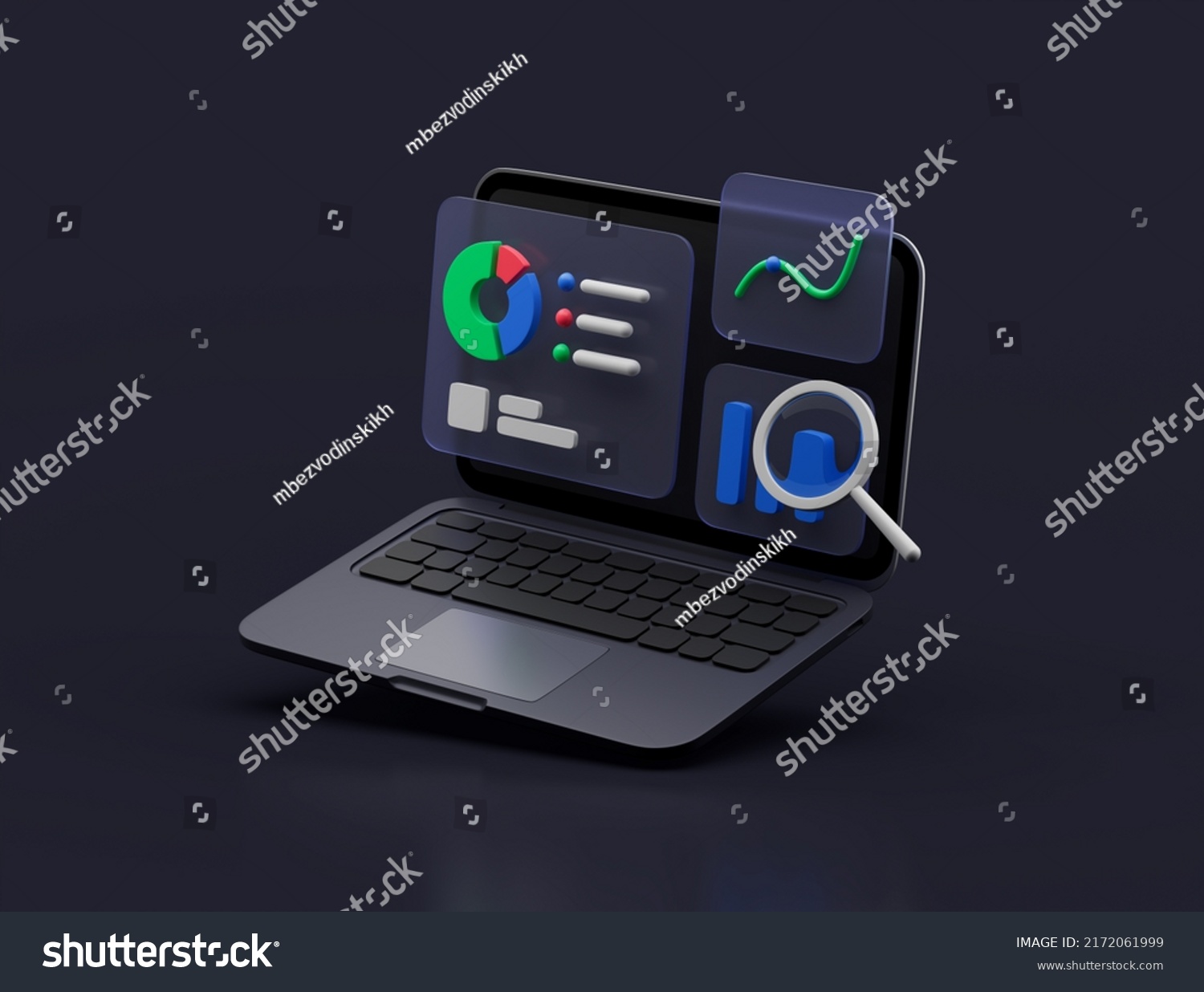 Simple web report with magnifying glass in laptop 3d render illustration.