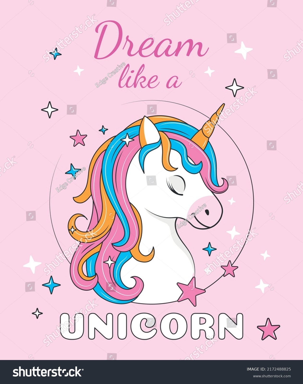 Dream like unicorn concept. Poster with cute fictional animal with rainbow hair and stars on pink background. Design element for printing on postcards and fabric. Cartoon flat vector illustration.