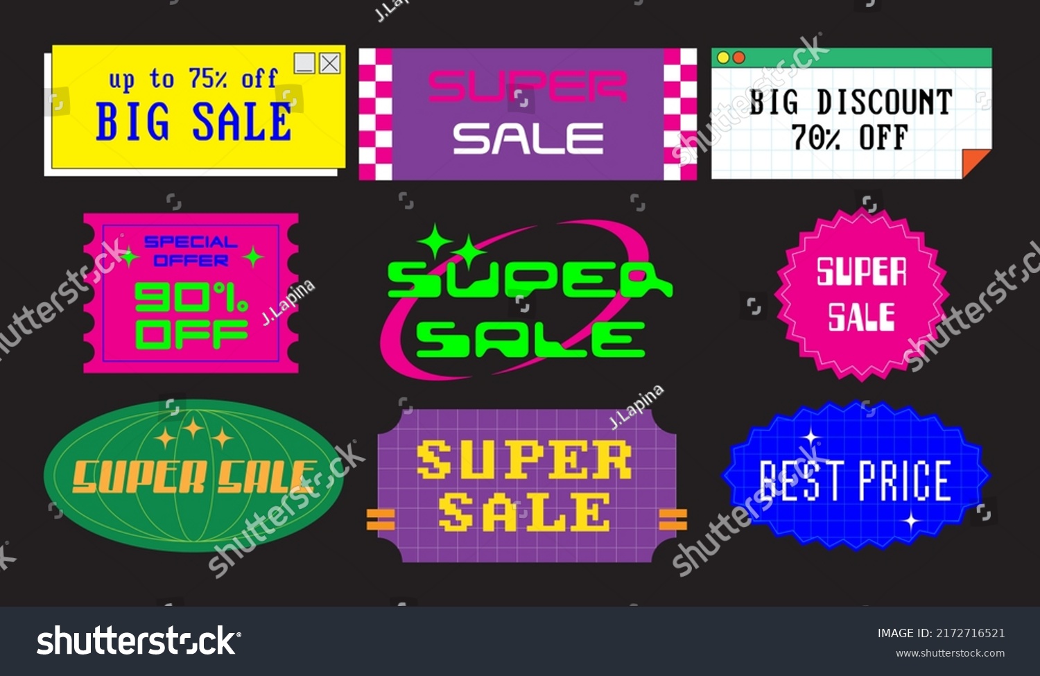  sale sticker pack. Cool trendy discount labels. Vector special offer badges.