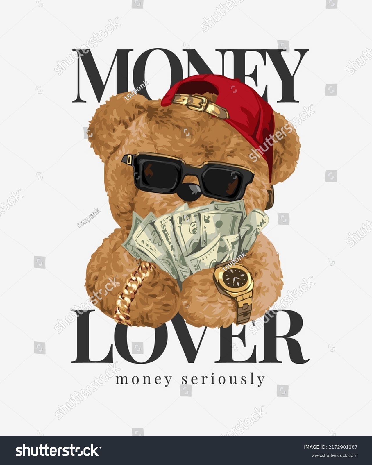 money lover slogan with bear doll in sunglasses hugging cash vector illustration