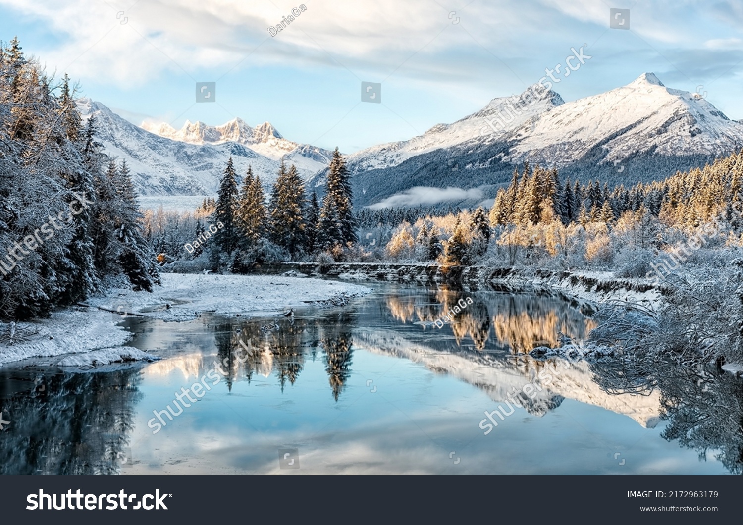 Mountain river valley in snowy winter