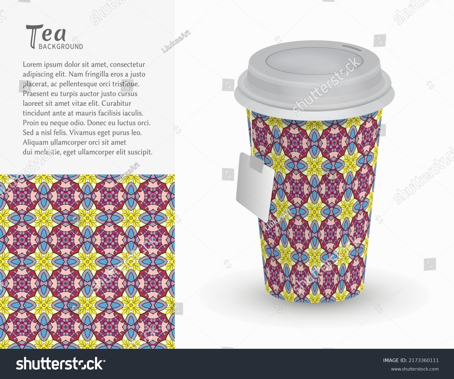 Cardboard paper cup of tea with ornament and seamless geometric pattern. Take away tea packaging template  isolated design elements for coffee shop  restaurant menu. Realistic vector cup