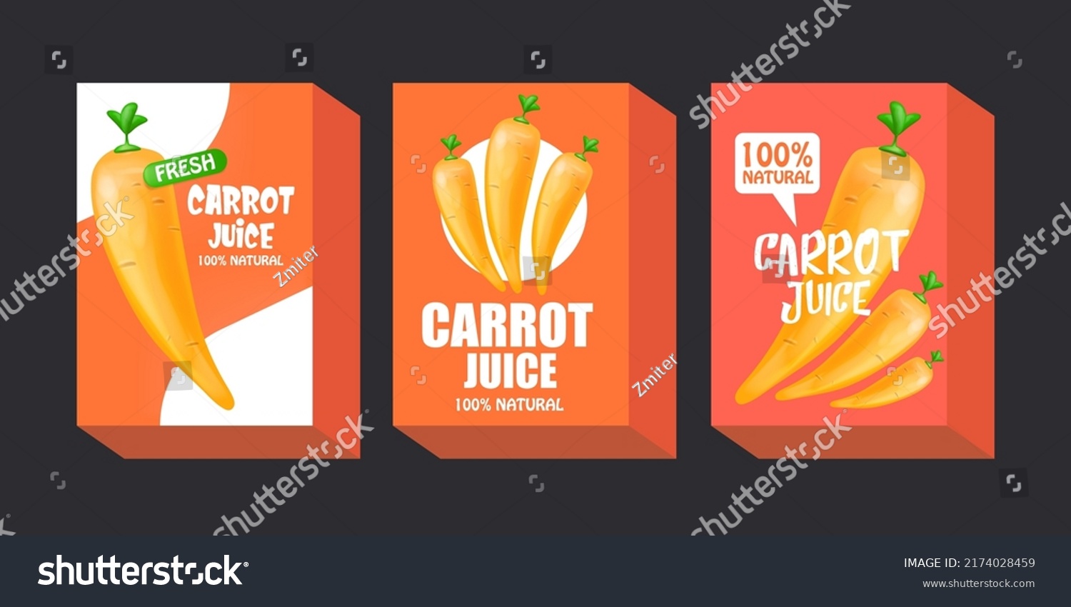 Cartoon Carrot juice packaging design template set. Collection of carrot juice label  poster  banner  and package design. Vegetarian drinks set with vegetable