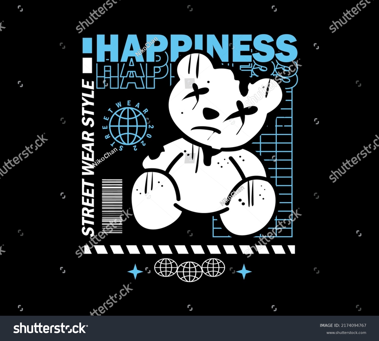 Vector illustration graphics  happiness teddy bear  creative clothing  for Streetwear and Urban Style t-shirts design  hoodies  etc.