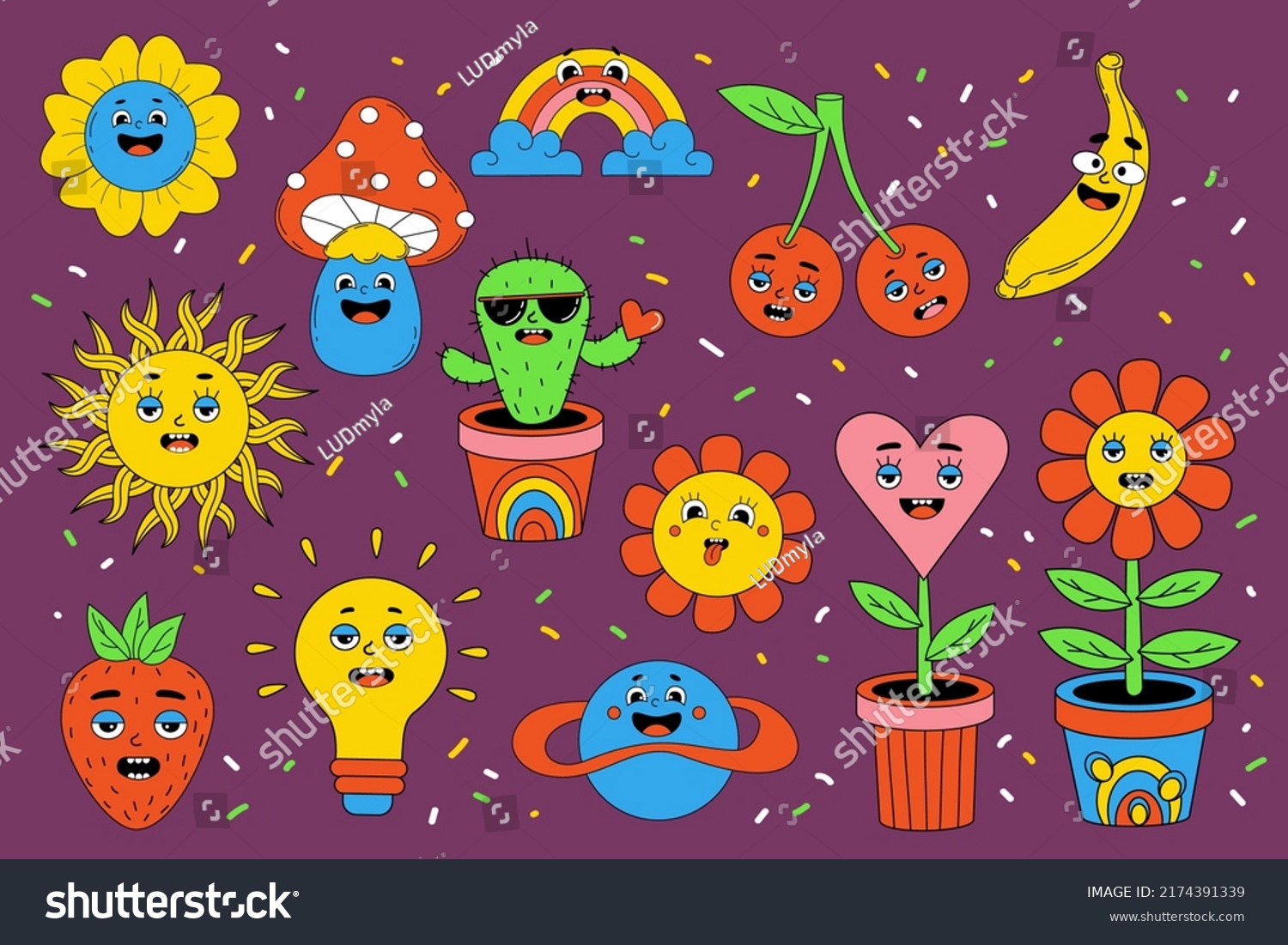 Funny cartoon characters with funny faces. Set comic elements in trendy retro cartoon style. Vector illustration of heart flowerpot  sun  rainbow  cherry  banana  earth  strawberry  cactus  mushroom