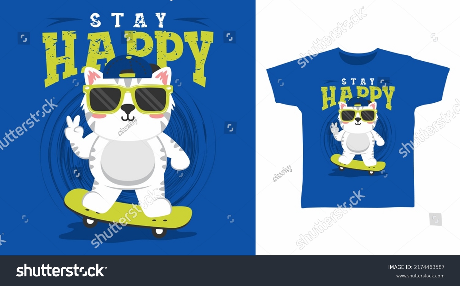 Yellow cat with skateboard cartoon tshirt art designs