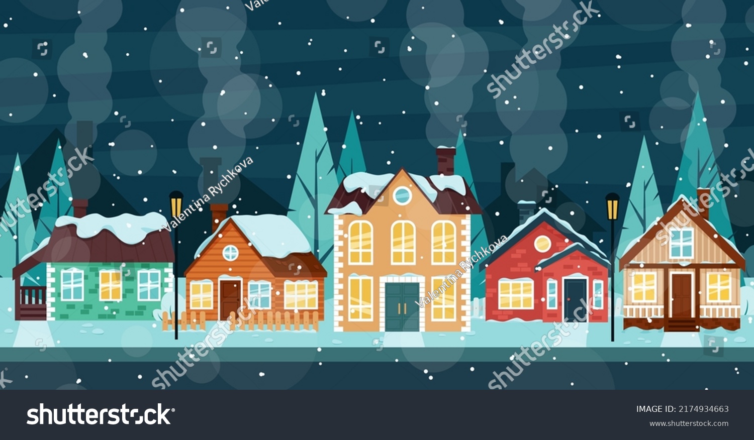 A snow-covered street with cozy houses. Winter evening in the village. 