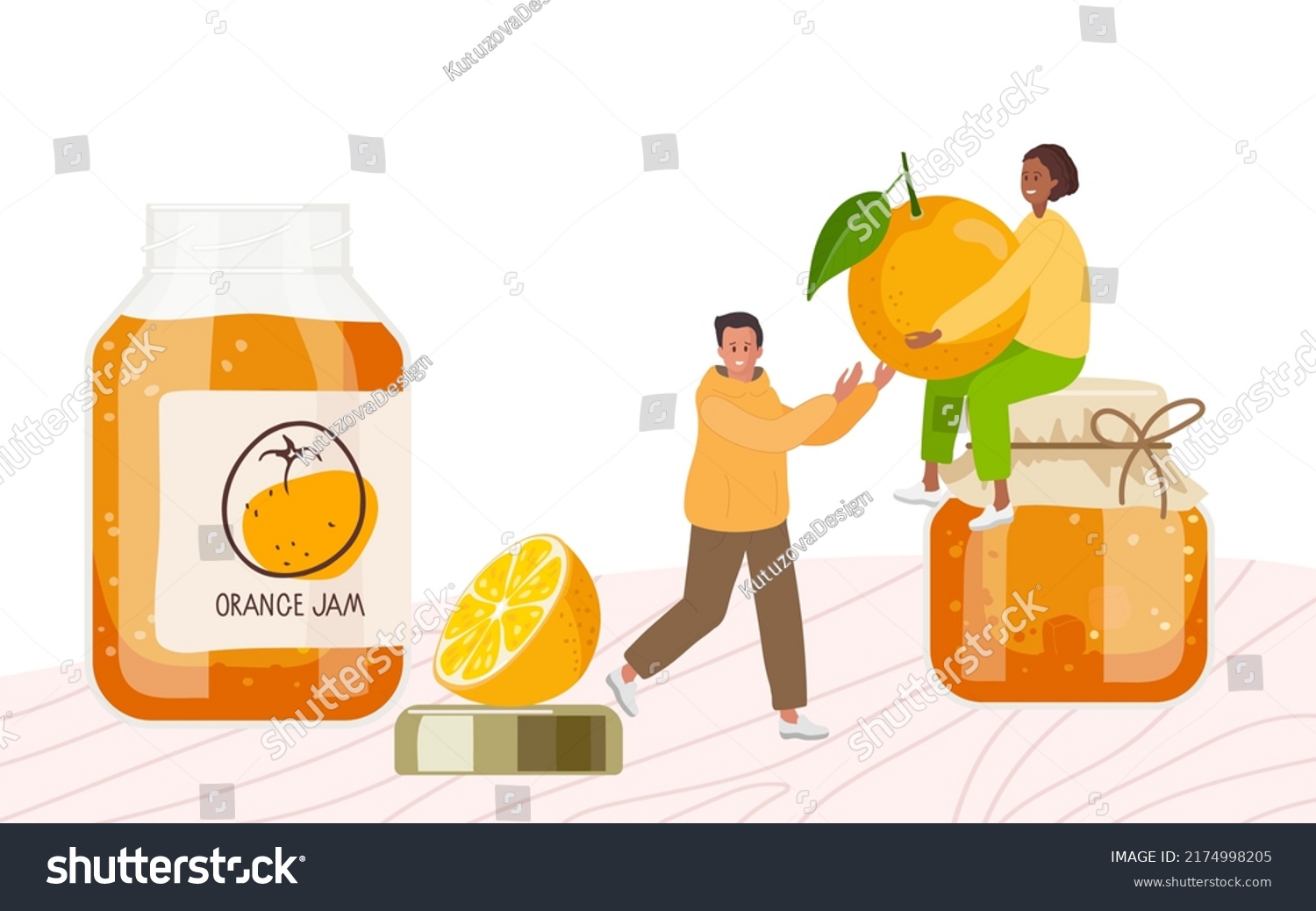 Homemade preparations and canning. Orange jam in glass jars  fresh fruit  tiny people on table. Canned orange fruits. Jam in jars. Fruit conservation. Farmer Market Branding. Organic food template